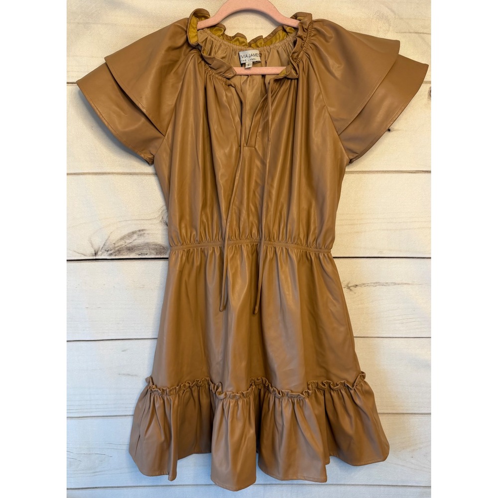 Olivia James The Label Faux Leather Ruffle Mini Dress Camel Tan Small